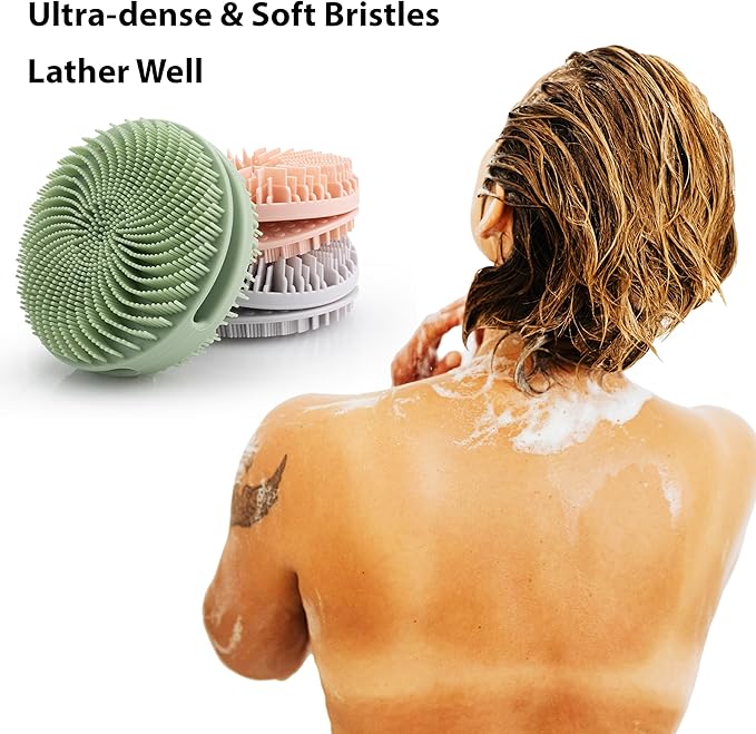 2 PC Silicone Exfoliating Body Scrubber, Silicone Body Shampoo Brush, Soft Silicone Loofah for Sensitive Skin, Shower Silicone Hair Scalp Massager, Easy to Clean, Lather Well(Gray&Green)