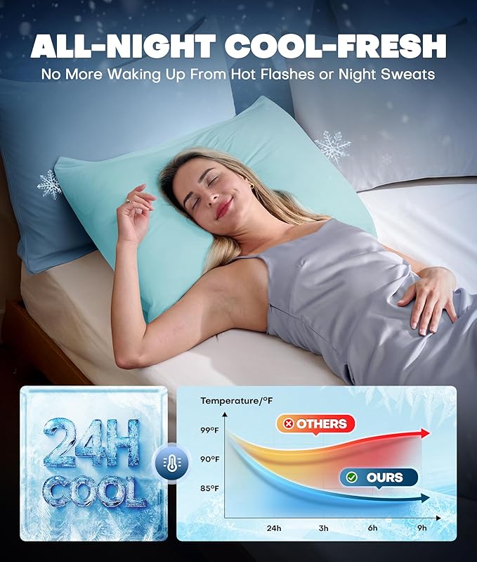 Ultra-Chill Cooling Pillowcase Set of 2 for Hot Sleepers, Softer Than Silk Pillow Cases for Protecting Hair & Skin, Breathable Bed Pillow Covers w/Zipper, Gifts for Women & Men (Mint Blue, Standard)