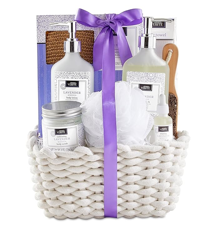 Source Verite Deluxe Lavender Spa Gift Basket for Women, 8 Piece Relaxation Set with Aromatherapy Bath Essentials, Luxury Stress Relief Self-Care, Calming Gifts for Birthday, Mother’S Day, Thank You