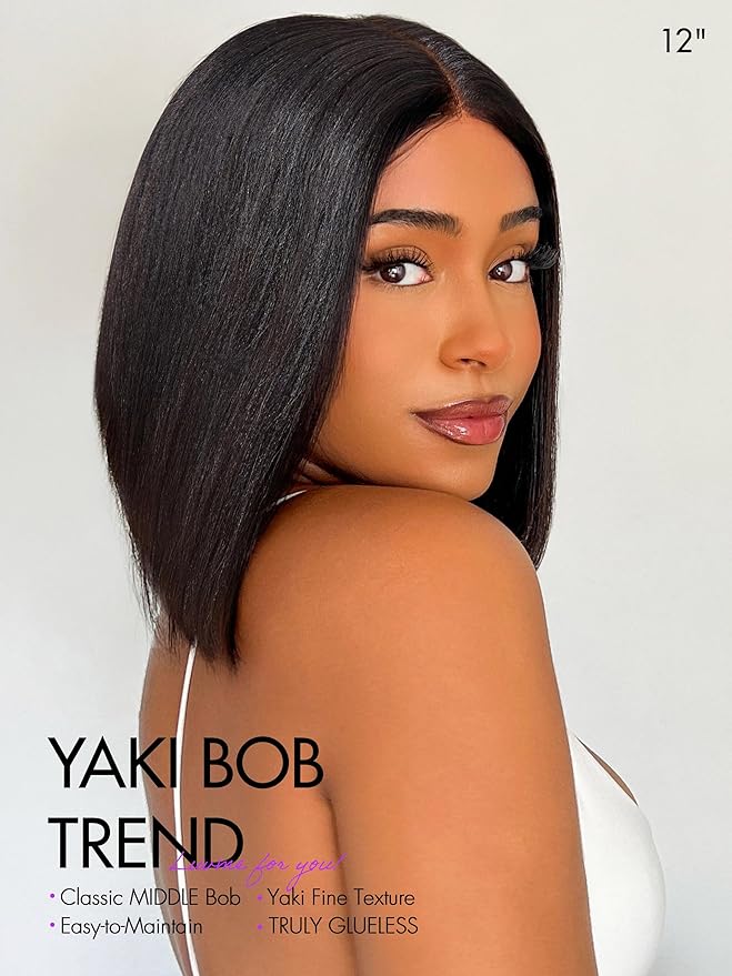 LUVME HAIR 12" Light Yaki Glueless Bob Wigs Human Hair Pre Plucked, 5x5 HD Lace Closure Wigs Human Hair 180 Density, Ready to Go Wig with Bleached Knots & Pre Cut Lace