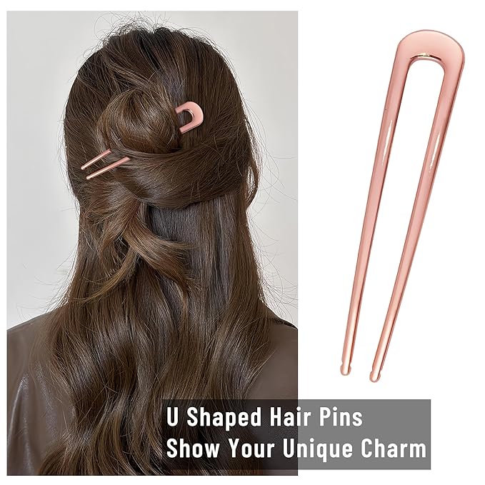 6Pcs Metal French Hair Pins for Women U Shape Sticks 3.9 Inch Vintage Fork for Hairstyle Accessories(Rosegold)