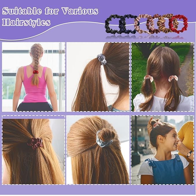 12Pcs Satin Elastic Hair Accessories - Comfortable Silk Scrunchies, Skinny Ties for Wedding, Teen Girl Trendy Gifts
