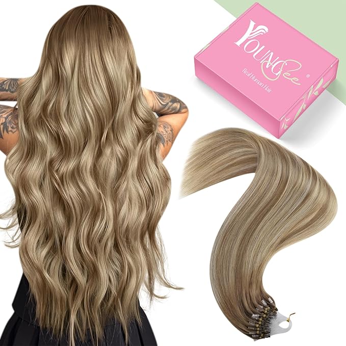 YoungSee Micro Link Hair Extensions Human Hair Ombre Microloop Hair Extensions Human Hair Balayage Light Brown with Blonde Beaded Hair Extension Cold Fusion for Long Hair 24 Inch 50s 50g
