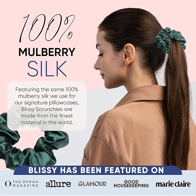 Blissy Silk Scrunchies (3 Pack) - 100% Pure Mulberry 22 Momme 6A High-Grade Fibers Scrunchie for Straight & Curly Hair (Emerald, Regular)