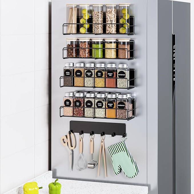 5-Pack Moveable Magnetic Spice Rack Organizer With 6 Hooks for Refrigerator, Metal Fridge Shelf, Black