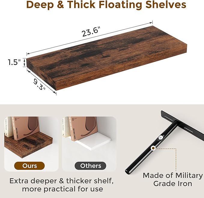24 x 9 Floating Shelves, 9 Inch Deep Floating Shelf Wall Mounted, 24 Inch Bathroom Shelves Set of 2, Rustic Wood Wall Shelf for Bedroom, Living Room, Rustic Brown Color