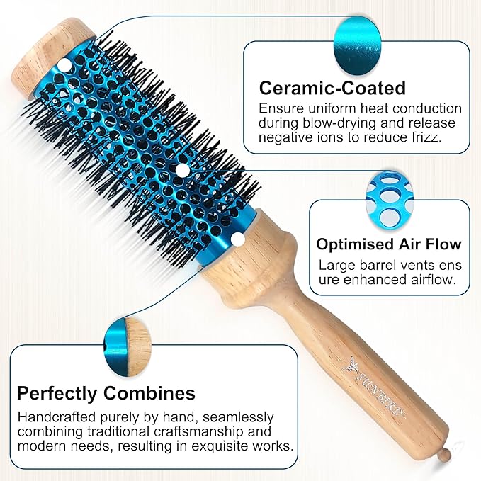 SUNBIRD Round Brush for Blow Drying - Wood Handle Professional Blowout Brush with Aluminium Ceramic Ionic Thermal Barrel for Smooth Hair, Volume & Heat Curly Styling (Outer Diameter2.1Inch)