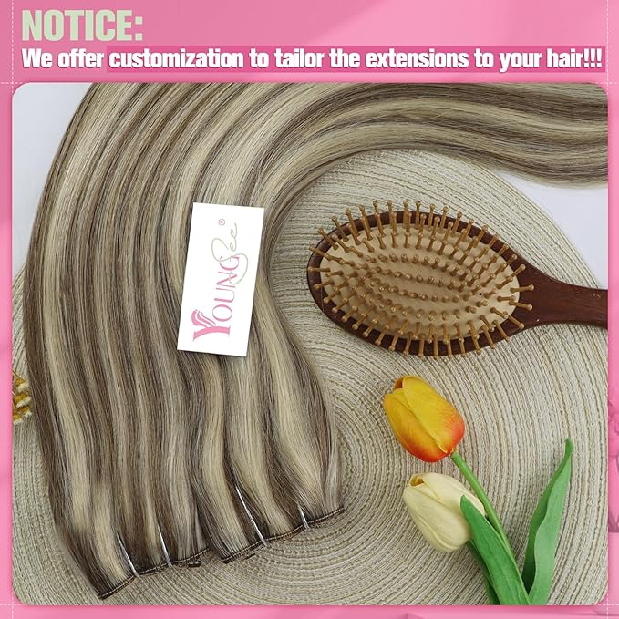 YoungSee Wire Hair Extensions Highlight Invisible Wire Hair Extensions Real Human Hair Highlights Light Brown with Platinum Blonde Fish Line Hair Extension for Short Hair 70G 12Inch