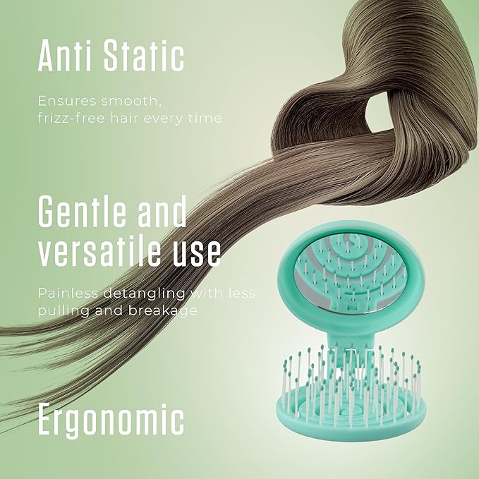 Mini Detangler Travel Hair Brush with Mirror, Makaron Hair Brushes for Women, Men and Kids, Unique 3D Flexible Design for All Hair Types, Styling Accessory, Travel Essentials for Women (MINT)