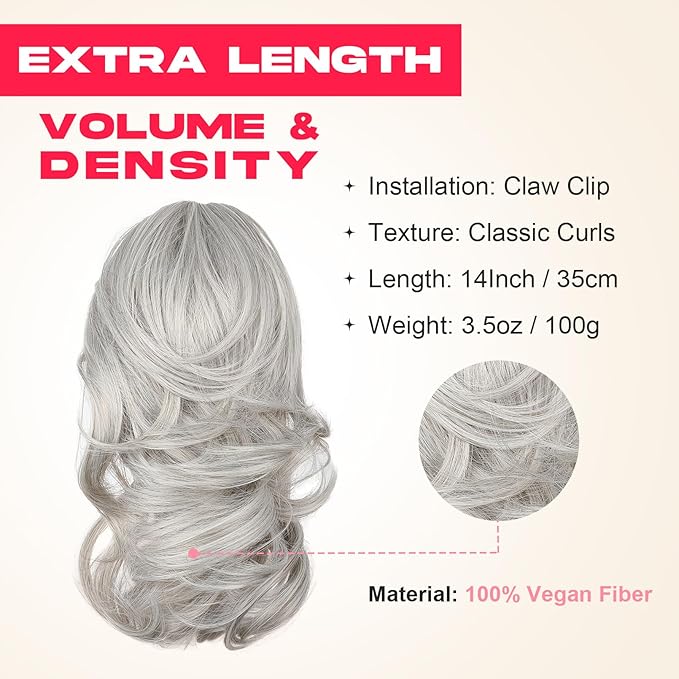 Ponytail Extension - 14" Claw Clip in Ponytail Hair Extensions Natural Soft Synthetic Layered Wavy Pony Tail Hair Pieces for Women - Silver Grey