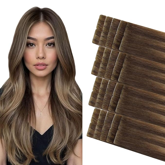 COOKAYU Tape in Human Hair Extensions, Invisible Tape in Extensions Medium Brown to Caramel Blonde 16Inch 35g 20pcs Injected Human Hair Seamless Invisi Edge Tape