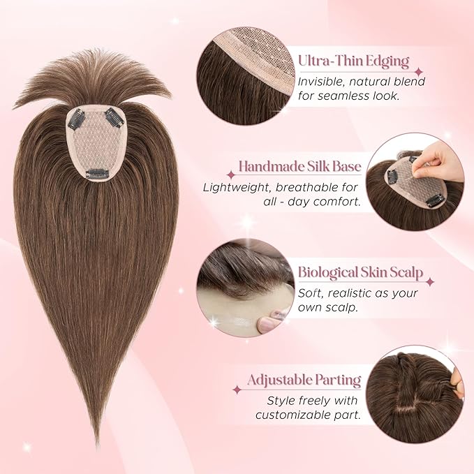Real Human Hair Toppers for Women 3.54"*4.72" Silky Base 150% Density With Bangs Adjustable Parting Clip-In Topper Hairpieces for Women with Thinning Hair 14 Inches Dark Brown