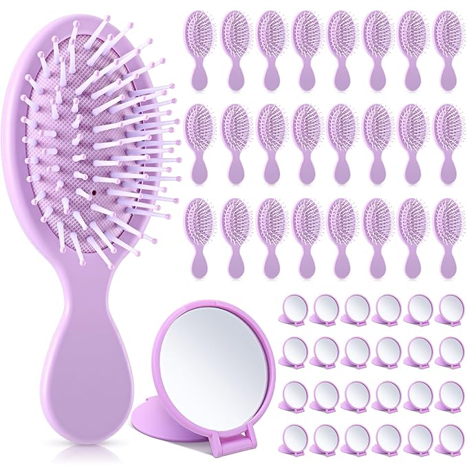 Meanplan 48 Pcs Mini Hair Brush Set 24 travel Wet Dry Hair Combs Pocket Detangling 24 Compact Folding Makeup Mirrors for Spa Sleepover Birthday Bridal Shower Bachelorette Christmas Party Gift(Purple)