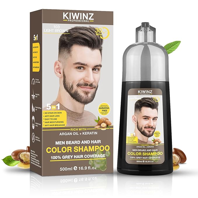 Light Brown Hair Color Shampoo for Men – 5 in 1 Hair Dye Shampoo for Grey Hair - Instant Hair Dye with 100% Color Accuracy with Natural Ingredients - Ammonia Free - 500ml
