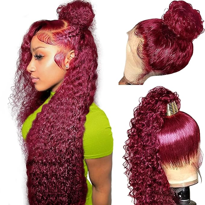 Burgundy Wig Human Hair Deep Wave, Hidden Strap 360 Lace Front Wigs Human Hair Draw String Invisible Strap Pre Plucked Pre Cut Glueless, 99J Burgundy Curly Wig Human Hair for Women (28inch)