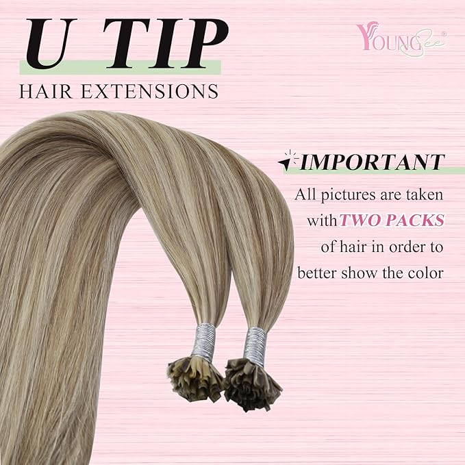YoungSee Utip Hair Extensions Human Hair Long Straight U Tip Real Hair Extension Light Brown Highlights Blonde K Tips Human Hair Extensions Hot Fusion Ktip Extenesion Remy Hair Add Length 24In 50s/50g