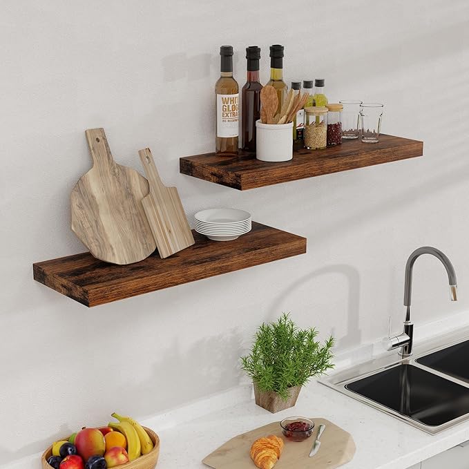 24 x 9 Floating Shelves, 9 Inch Deep Floating Shelf Wall Mounted, 24 Inch Bathroom Shelves Set of 2, Rustic Wood Wall Shelf for Bedroom, Living Room, Rustic Brown Color