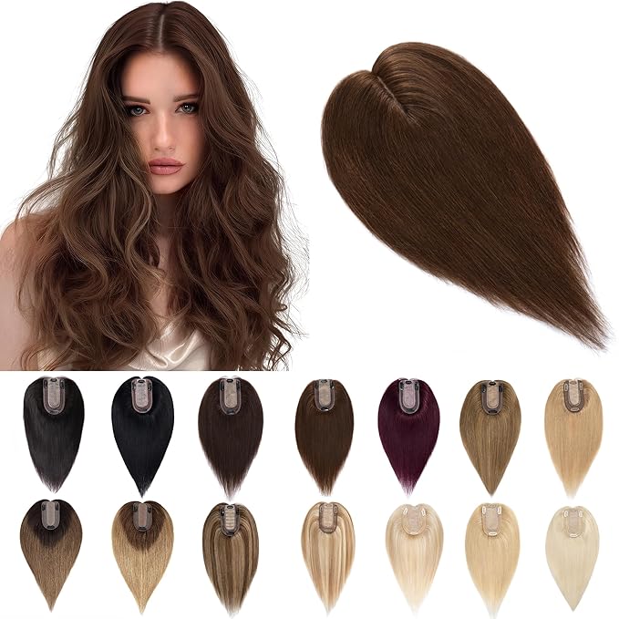 SEGO Human Hair Toppers for Women With Thinning Hair, 7 * 13CM Silk Base 100% Real Human Hair Clip in Top Wiglet Hairpieces -10 Inch No Bangs Medium Brown