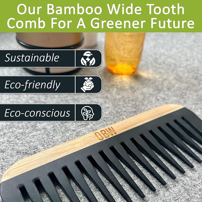 OBW Bamboo Wide Tooth Comb – Detangler for Curly, Thick & Natural Hair – Dimensions: 5.8x2.1 in, 1.1 oz - Lightweight & Durable Bakelite-Infused Comb for Men & Women – Anti-Frizz Hair Tool by ORW