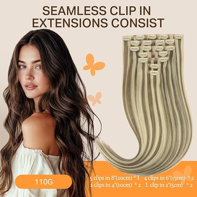 DOORES Seamless Clip in Hair Extensions, Light Brown Highlighted Medium Blonde 7pcs 110g 18 Inch, Human Hair Extensions Natural Remy Hair Extensions Straight Hair Invisi Edge Hair Extensions