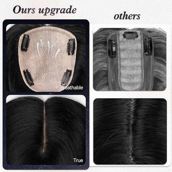 starluck Hair Toppers for Women Real Human Hair, 5"*5.5"Large Coverage Natural Black HairTopper No Bangs,100% Real Human Hair Toppers for Women with ThinningHair,Cover Gray Hair Roots