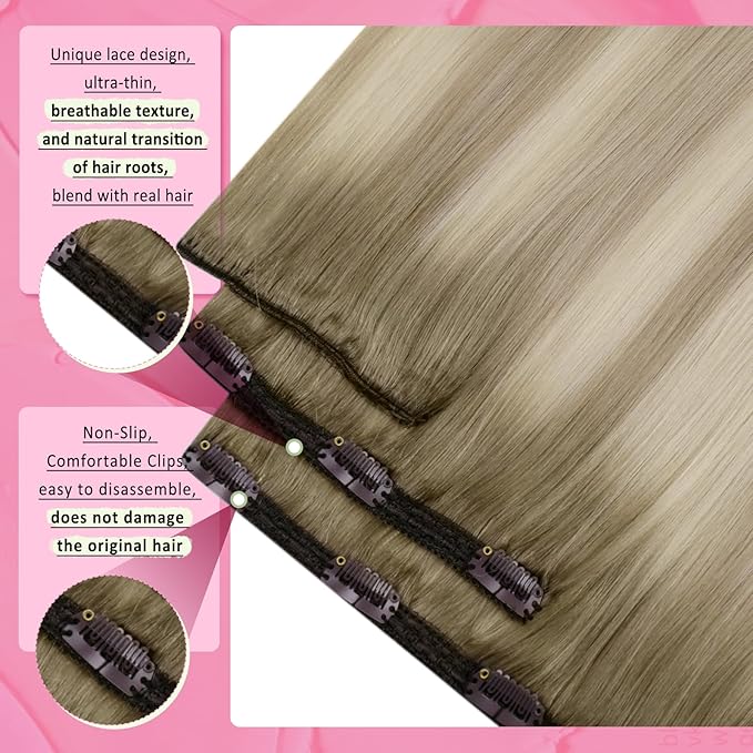 YoungSee Ash Blonde Hair Extensions Clip ins Ombre Platinum Blonde Mix Ash Blond Clip in Extensions Balayaage Real Hair Extensions Clip in Human Hair Long Straight Hair 120G 7Pcs 22Inch