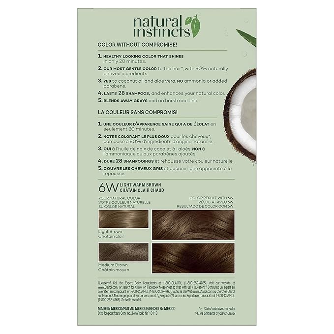 Clairol Natural Instincts Demi-Permanent Hair Dye, 6W Light Warm Brown Hair Color, Pack of 1