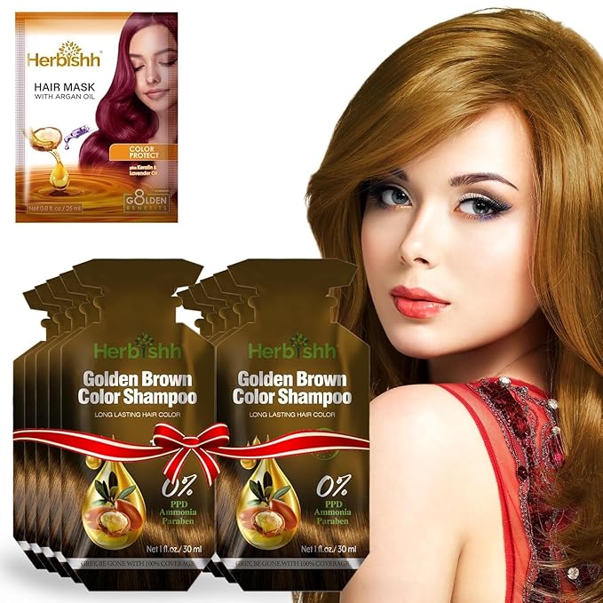 Golden Brown Hair Shampoo, Hair Color for Gray Coverage, 3 in 1 Hair Dye Shampoo - champu para tenir el cabello, Colors in Minutes, Easy to Use PPD Free Pouch 30mlx10p