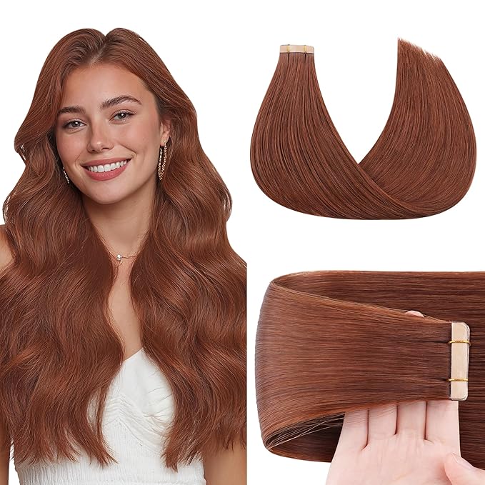 GOO GOO Tape in Hair Extensions Human Hair, #33B Dark Auburn Copper, 20inch 50g 20pcs, Skin Weft Seamless Invisible, Silky Straight with Thick Ends, Remy Human Hair