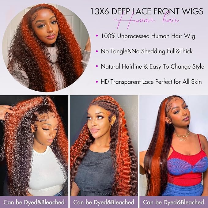250 density 34 Inch Deep Wave Lace Front Wigs Human Hair Pre Plucked Hairline Glueless Wigs for Women 13x6 HD Lace Front Wigs Ginger Orange Curly Human Hair Wig Brazilian Hair