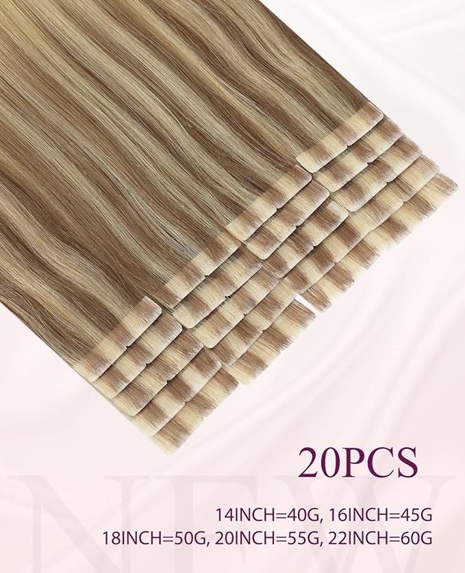 Pinkpearl Invisible Tape in Hair Extensions Human Hair, 20pcs 14inch 40g #10/27/27 Golden Brown to Caramel Blonde Injection Tape in Extensions Real Remy Seamless Human Hair Injected