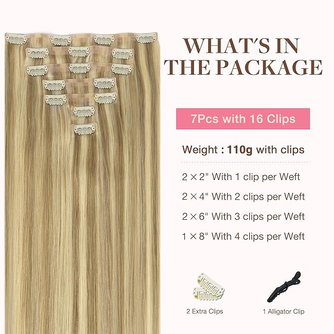 GOO GOO Clip in Hair Extensions Real Human Hair, Remy Human Hair Extensions Clip ins for Women, Natural Human Hair, 16inch 110g 7Pcs, 16/22 Light Blonde Highlighted Golden Blonde