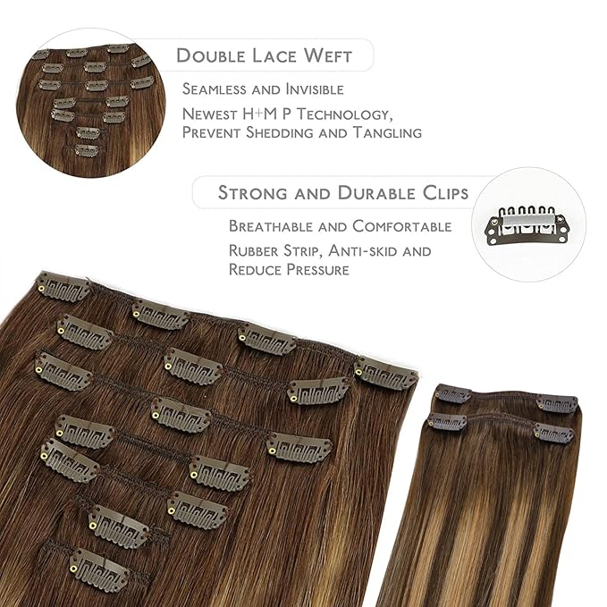 WENNALIFE Hair Extensions Clip In, 9pcs 24inch 150g Balayage Chocolate Brown to Honey Blonde Clip In Hair Extensions Real Human Hair Remy hair extension Double Weft Clip in Human Hair Extensions