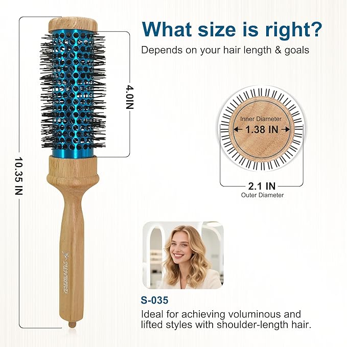 SUNBIRD Round Brush for Blow Drying - Wood Handle Professional Blowout Brush with Aluminium Ceramic Ionic Thermal Barrel for Smooth Hair, Volume & Heat Curly Styling (Outer Diameter2.1Inch)