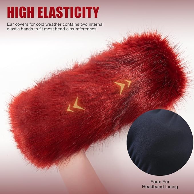 Faux Fur Headband for Women Elastic Fuzzy Thick Earmuffs Winter Headwrap Ear Muffs Furry Ear Warmers Cold Weather (Red)