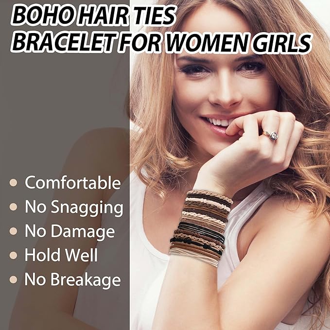 Hair Accessories Set for Women: 20 Boho Hair Ties in 5 Neutral Colors, 4 Stylish Hair Bands Bracelets for Thick or Thin No Damage Ponytails