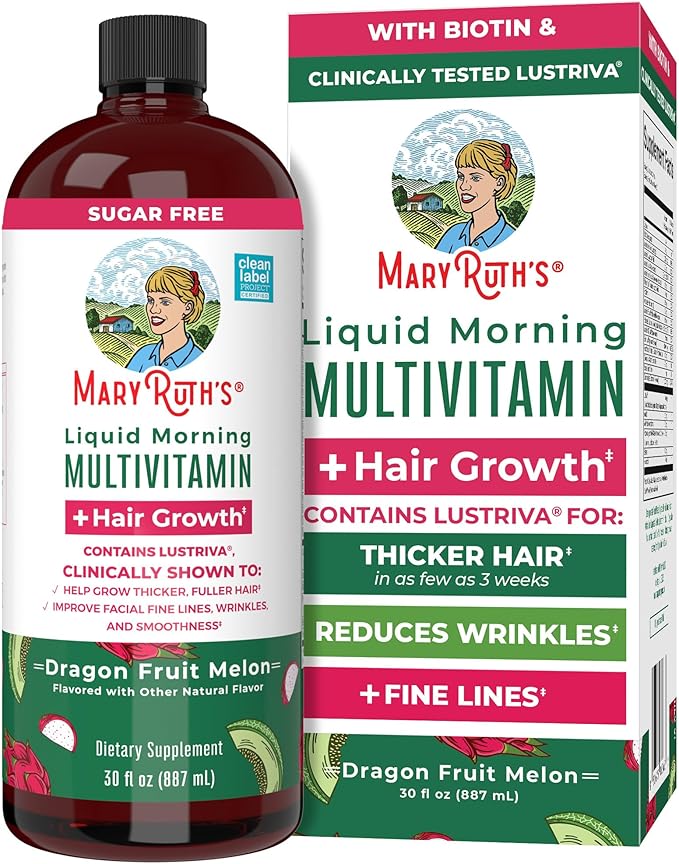 MaryRuth's Liquid Multivitamin+Hair Growth | Clinically Tested for Thicker Hair & Facial Wrinkles in Women | Biotin 10000mcg | Lustriva Hair Growth Supplement | Skin Care | Age 18+ | 30 Fl Oz