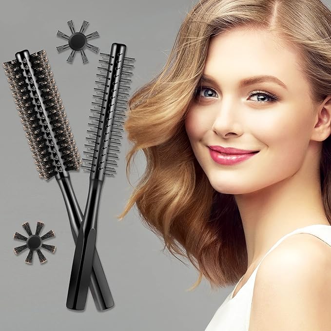 Geiserailie 2 Pieces Thick Round Hair Comb Bristle Blow Drying Hairbrush Small Brush Short Hair Massage Comb Head Massage Round Brush Roll Hairbrush for Wet or Dry(Black)