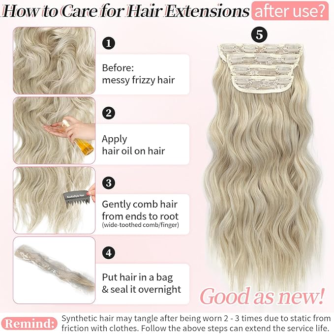KooKaStyle Clip in Synthetic Hair Extensions Long Wavy 4PCS Thick Hairpieces Bleach Blonde mix Light Blonde Fiber Double Weft Natural Hair Extensions 20 Inch for Women