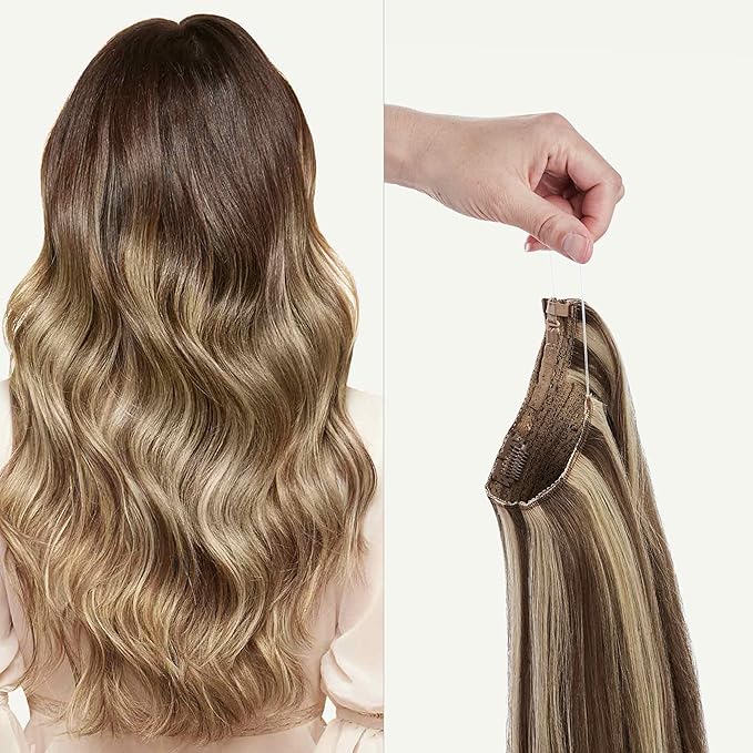 Luxy 100% Remy Human Hair – Halo Clip-In Hair Extensions –Natural Looking Volume & Length - One-Piece - Easy 5-Min Application 180 grams 20" Ash Brown Highlights