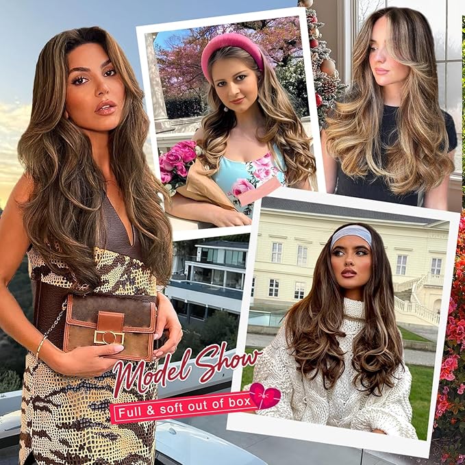 ALXNAN Long Wavy Hair Extensions for Women, Clip in Hair Extensions Clip Ins Soft Full Head Synthetic Hairpieces 16 Inch Balayage Chocolate Brown to Caramel Blonde