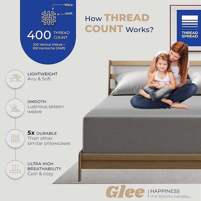 THREAD SPREAD 100% Cotton King Size Pillowcases Sets of 2-400 Thread Count Cotton Pillow Cases, Ultra Soft Cool Sateen Weave King Pillow Cases, Set of 2 Pillow Covers for King Pillows (Dark Grey)