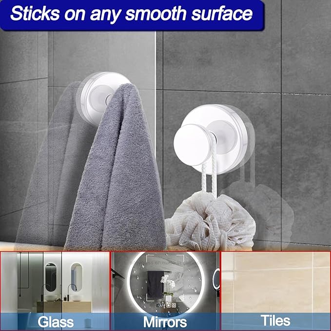 Suction Cup Hooks for Shower, Removable Towel Hooks for Bathroom Window Glass Door Wall, Bath Robe Looafh Hook for Hanging - 2 Pack, White