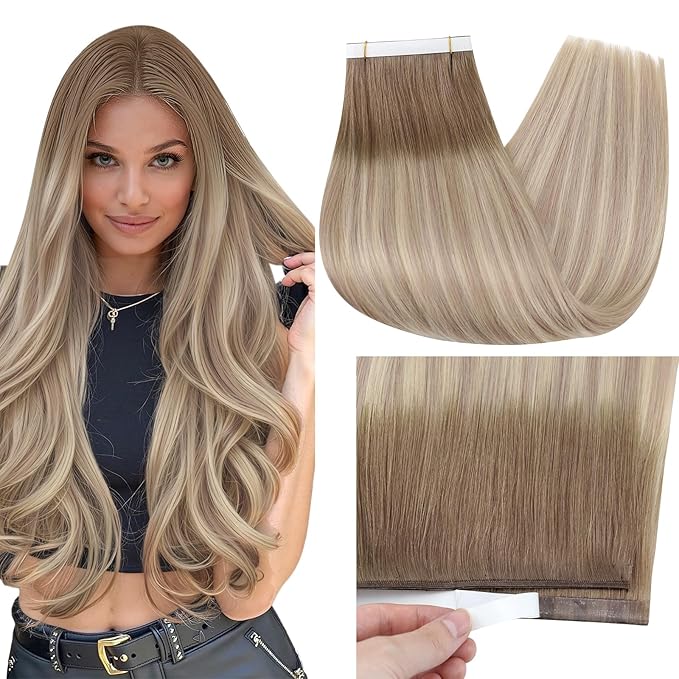 Full Shine Invisible Tape in Hair Extensions Human Hair Color 8 Ash Brown Ombre 60 Blonde And 18 Dark Ash BLonde Double Weft Wire Hair Extensions PU Wide Weft 50G A Piece 24 Inch Add Length for Daily