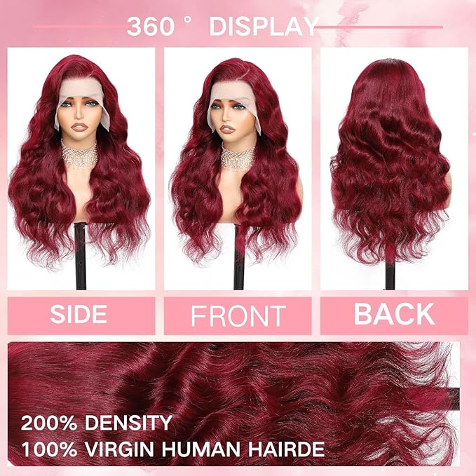 24 Inch 99j Burgundy Lace Front Wigs Human Hair 13x6 HD Transparent Burgundy Wig Human Hair 200 Density Pre Plucked Glueless Frontal Wigs Human Hair for Black Women