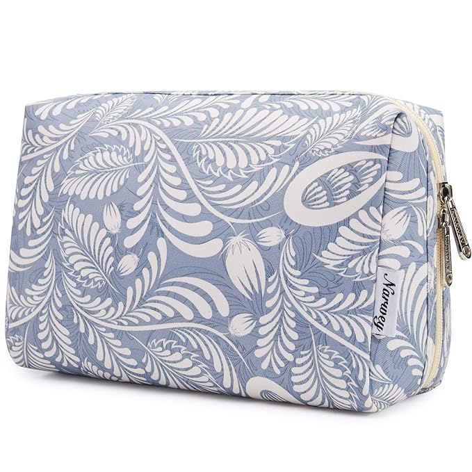 Narwey Cute Makeup Bag Travel Cosmetic Bag Organizer Toiletry Bag Make Up Bags with Compartments for Women Girls (Large, Blue Leaf)