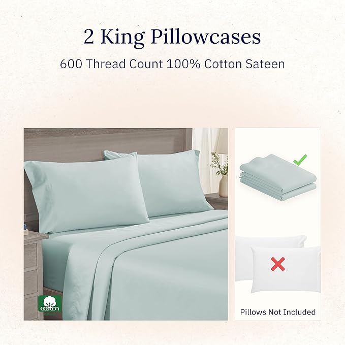 CALIFORNIA DESIGN DEN Luxuriously Soft Hotel Quality 600 Thread Count, 100% Cotton Set of 2 Cases, Crisp & Cool King Size Pillow Covers Set of 2 Fits King Pillows (Seafoam)