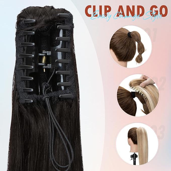 Hairro Clip On Ponytail Hair Extensions Jaw On Claw Clip Ponytails Real Hair Long Jaw/Claw Pony Tail With Clips Hairpieces For Women 22 Inch 120g #1B Natural Black