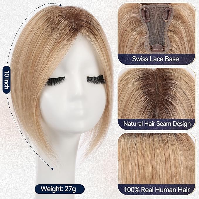 starluck Real Human Hair Toppers for Women 10 Inch Human Hair Topper no Bangs, 3 * 4.5 inches Swiss Base Suitable for ThinningHair Cover Grey Roots(4T10/16#)
