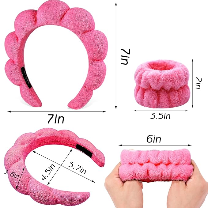 Zkptops 6Pcs Spa Headband for Washing Face Wristbands Set Women Bubble Skincare Makeup Sponge Terry Cloth Padded Puffy Headband Bow Tie Hairband Cute Non Slip Thick Hair Accessory Gifts (Rosy Red)